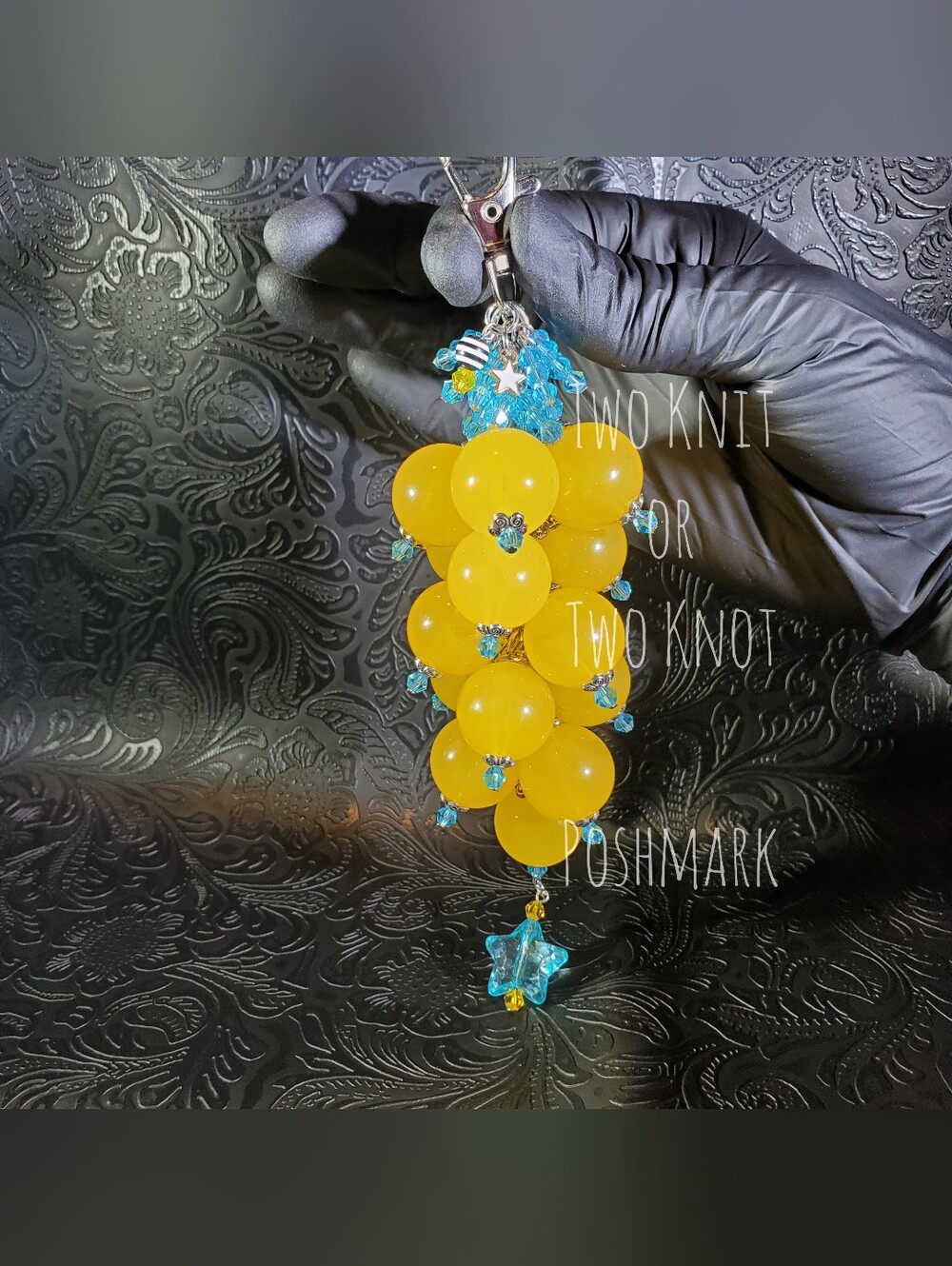 HANDMADE 7" 20MM CHUNKY GREEN AND BLUE PURSE CHARM / KEYCHAIN
